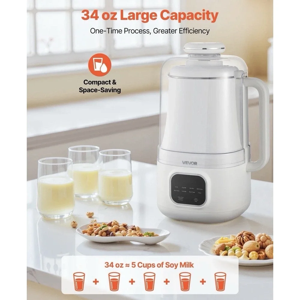 VEVOR 8-in-1 Nut Milk Maker 34 oz Soy Milk Maker 200W Blender Oat Nut Soy Juice
